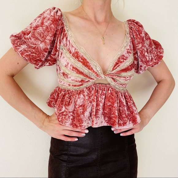 New Free People Yours Truly Velvet Peplum Top boho blouse mauve - Picture 6 of 14